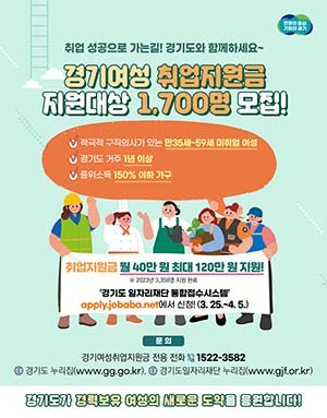 경기도, 경기여성취업지원금 최대 120만 원 지급. 1차 1천700명 모집
