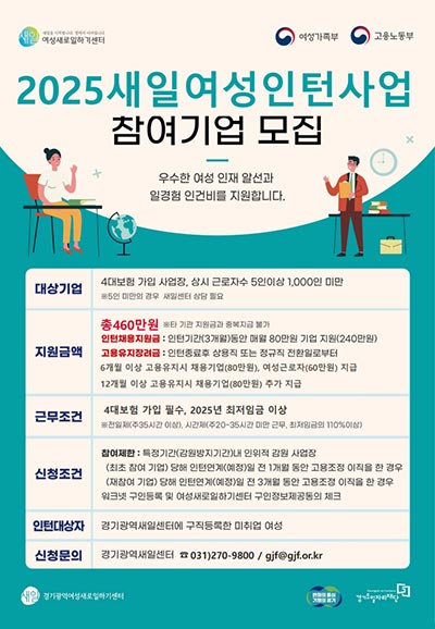 경기도일자리재단, ‘새일여성인턴 사업’ 참여기업 상시 모집👷‍♀️